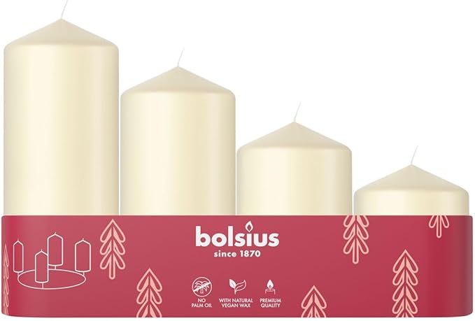 Bolsius Smooth Pillar Candles - Set of 4 - Advent - Ivory - Various Sizes 12-10-8-6 cm- Decorative Household Candles - Long Burning Time - Unscented - with Natural Plant Wax - Without Palm Oil - Ø48mm