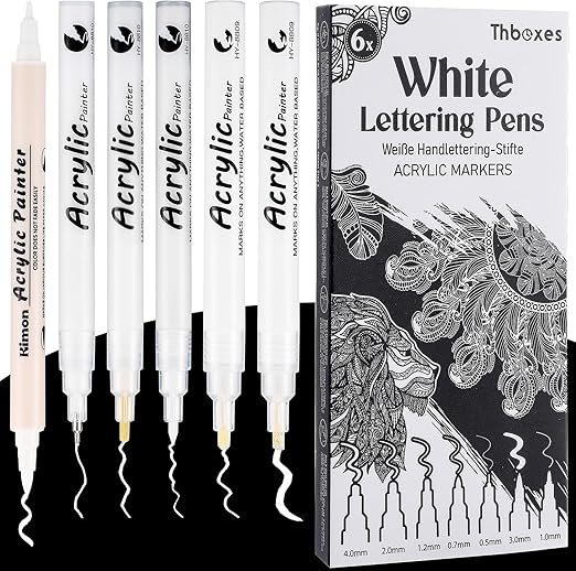 6 Pcs White Acrylic Paint Pens, Marker Fineliner Brush Pen Quick-Drying Different Sizes Waterproof White Fabric Pen for Clothes Wood Glass Ceramic Stone& Art Set for Valentine's Day Gift