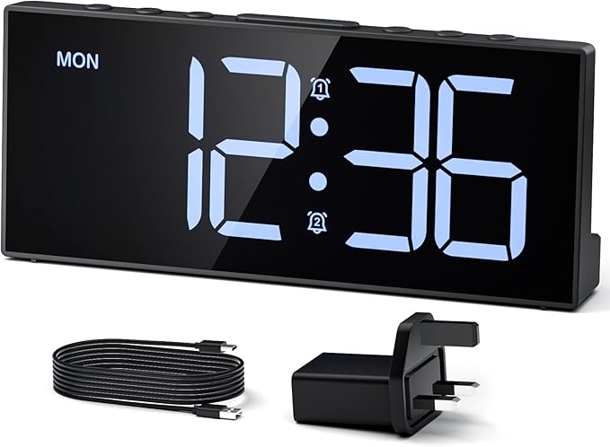 LATEC Alarm Clock, Digital Alarm Clock Bedside Mains Powered with 4 Level Brightness+OFF, 3 Levels of Volume, 2 Alarms, Snooze, USB Port, 3 Alarm Schedules, Clocks for Heavy Sleepers (Incl. Adapter)