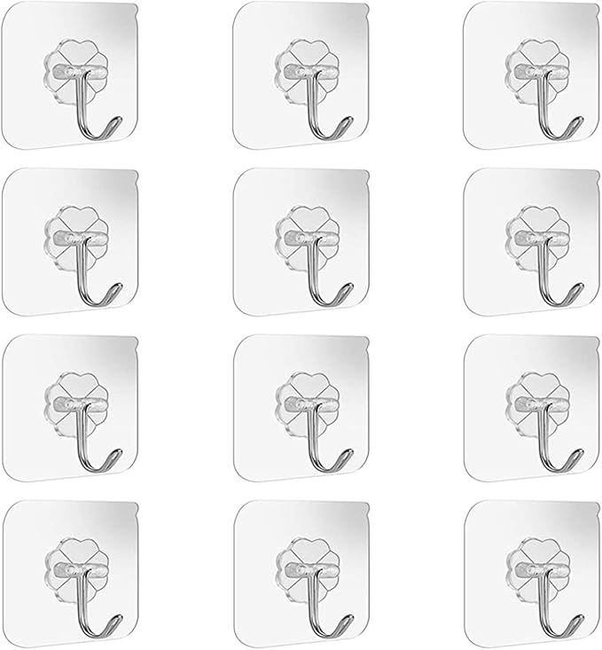 Adhesive Wall Hooks Bathroom Kitchen 12 Packs Heavy Duty 22lb(Max) Nail Free Sticky Hangers with Stainless Utility Towel Bath Ceiling Hooks