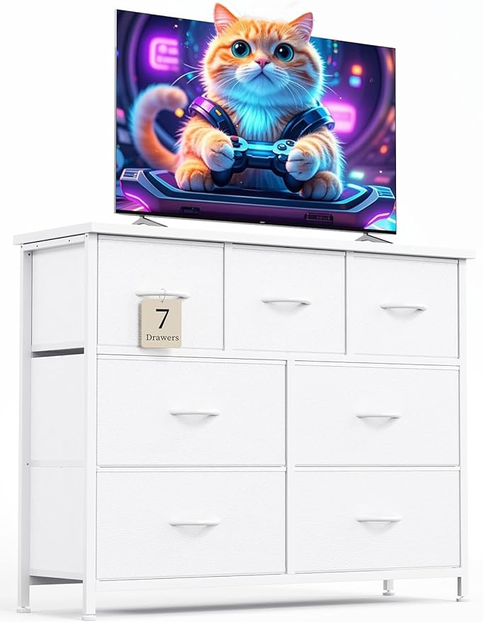 CAIYUN Chest of Drawers for Bedroom with 7 Drawers, Fabric Storage Drawer, Tall White Hallway Storage Unit