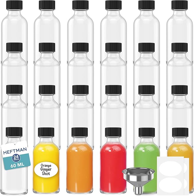 Glass Shot Bottles with Lids - 24 Pack 60ml Empty Mini Bottles for Ginger Shots with 3 Funnels & Labels - Reusable, Clear, Airtight - Ideal for Juice, Oils, Liquor, Sauces