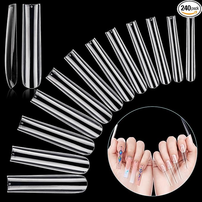 LIONVISON 3XL Extra Long Tapered Square False Nails, 240Pcs Clear Square Straight Fake Nail Tips for Acrylic Nails, 12 Sizes Full Cover Press On Nail Tips for Manicure Salon DIY Nail Art