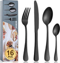 Cutlery Set, BEWOS 16 Piece Matt Black Stainless Steel Flatware Set, Silverware Tableware Set with Spoon Knife and Fork Set, Service for 4, Easy Clean/Dishwasher Safe