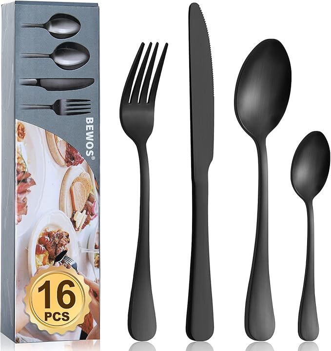 Cutlery Set, BEWOS 16 Piece Matt Black Stainless Steel Flatware Set, Silverware Tableware Set with Spoon Knife and Fork Set, Service for 4, Easy Clean/Dishwasher Safe