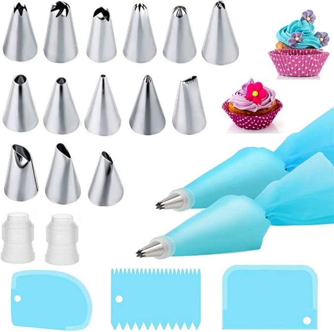 Piping Bags and Nozzles Set,21 Pcs Cake Piping Kit with 2 Reusable Piping Bags Icing Bag,14 Stainless Steel Cake Piping Nozzles Tips Kits,2 Coupler,3 Plastic Scrapers for DIY Cake Cupcake Decorating
