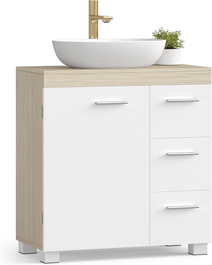 VASAGLE Under Sink Bathroom Cabinet, Storage Cabinet with Feet, 3 Drawers, 2 Compartments Behind the Door, for Washbasins with Pedestal, 30 x 60 x 64 cm, Cloud White and Natural Beige BBK514LL01