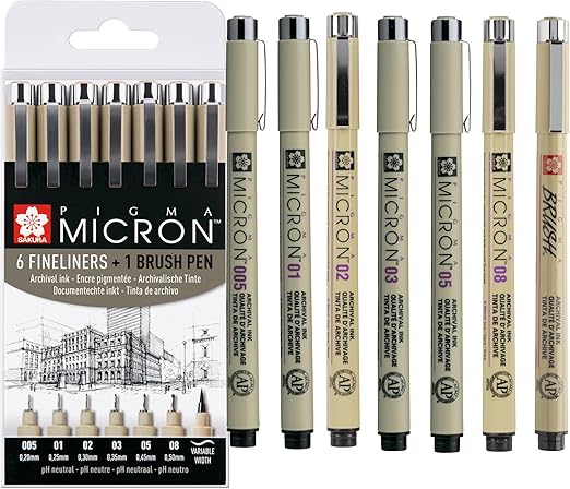 SAKURA Pigma Micron Fineliner Pens Set of 6 + Brush Pen | Waterproof, Permanent Black Ink | Pens for Writing, Drawing & Journaling