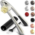 Zulay Kitchen Premium Garlic Press Set - Rust Proof & Dishwasher Safe Professional Garlic Mincer Tool - Easy-Squeeze, Easy-Clean with Soft, Ergonomic Handle - Silicone Garlic Peeler & Brush (Silver)