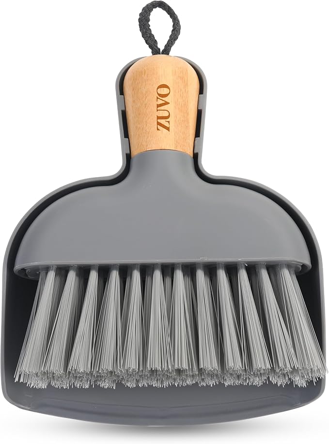 Zuvo - Mini Dustpan and Brush Set | Bamboo Handle Brush and Dustpan Combo | Compact Handheld Dust Pan for Table, Desk, Countertops | Soft Bristles, Snap-On Design
