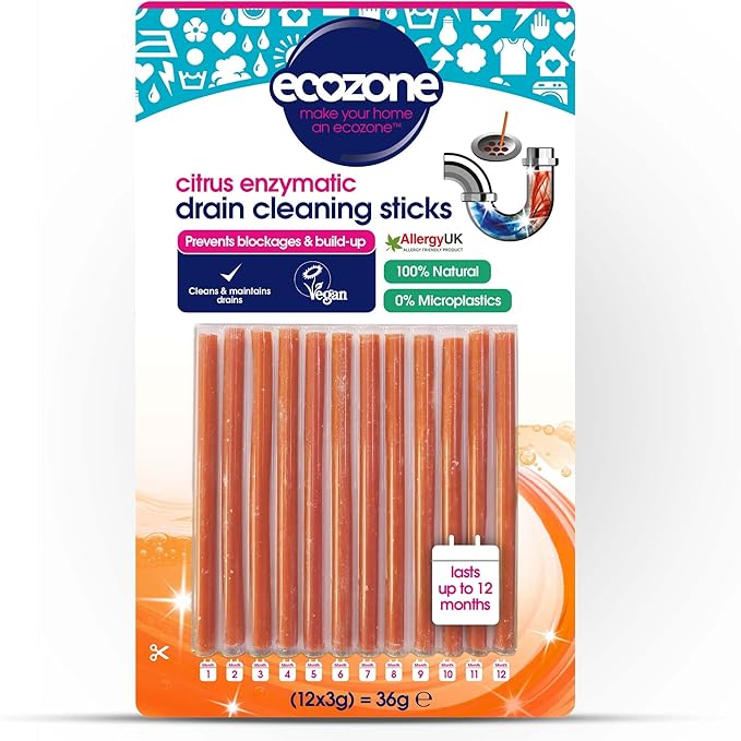 EcoZone Drain Cleaning Sticks, Enzymatic Pipe Unblocker, Prevents Plug Hole Obstructions & Keeps Water Flowing Freely, Natural Vegan & Non Toxic Kitchen & Bathroom Treatment Kit (x 12, 1 Year Supply)