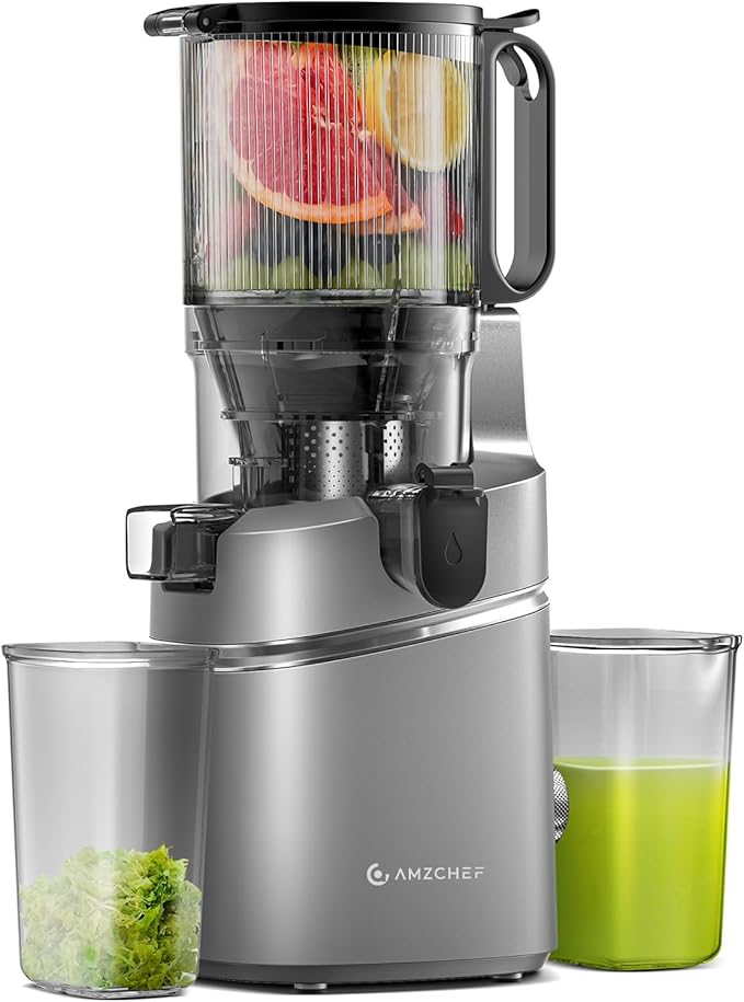 AMZCHEF Automatic Cold Press Juicer Machines 250W Free Your Hands -145MM Opening and 2L Capacity Slow Juicers for Whole Fruit and Vegetable, with Triple Filter, Safety Lock, Classic Grey