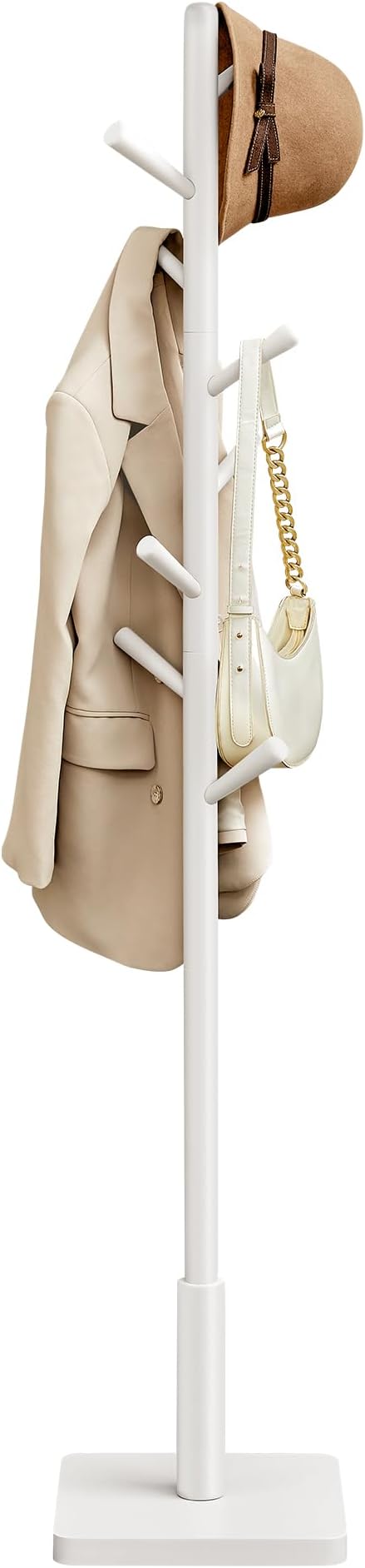 VASAGLE Coat Rack, Wooden Clothes Rack, Freestanding Stand with 8 Hooks, 3 Heights, for Coats, Hats, Bags, Entrance Porch, Hallway, in Rubber Wood, Cloud White RCR010W02