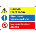 Caution plant room no unauthorised access safety sign - 1mm Plastic sign - 200mm x 150mm