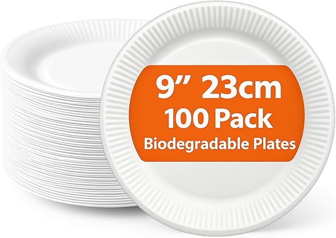 100x 9″-inch White Paper Plates Reusable Round Compostable Plates 170gsm Heavy Duty Disposable Plate BBQ Picnic Birthday Parties Biodegradable Waterproof Papers Plates 23 X 1cm (Pack of 100)