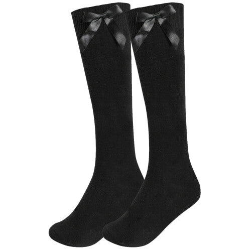 (Black, 4-7) Girls Knee School Sock Plain Satin Bow Sock 3 Pack