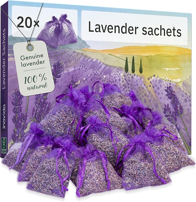 Lavender Bags : 20 Dried Lavender Flowers Bags as Natural Air Freshener and Moth Repellent for Wardrobes – Wardrobe Fresheners – Car Freshener – Room Air Freshener – Lavender Sachets by Inovida
