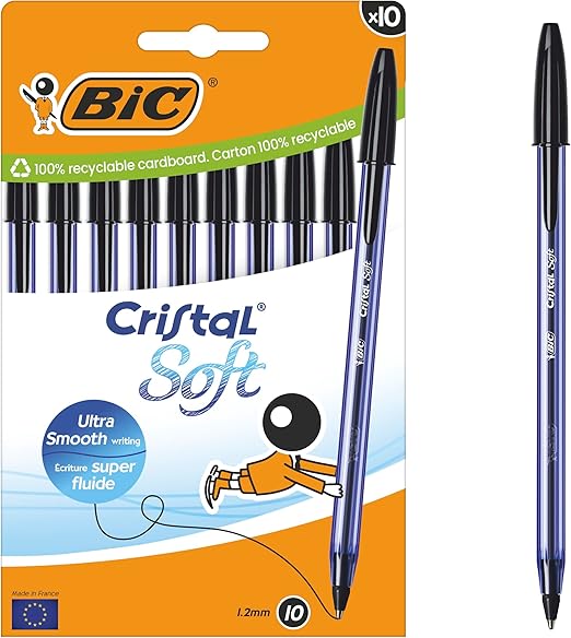 Bic Cristal Soft Ballpoint Pens Medium Tip (1.2 mm) with Easy Glide Ink – Black, Box of 10