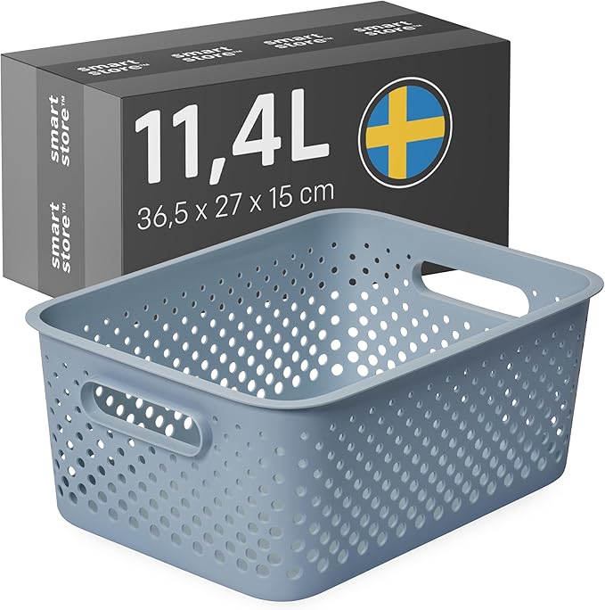 SmartStore Storage Basket with Handles in Blue 11.4L (36.5x27x15cm) | Plastic Storage Bin from Recycled Plastic | Essence L Storage Box fits A4 paper| Storage with 10-year Warranty