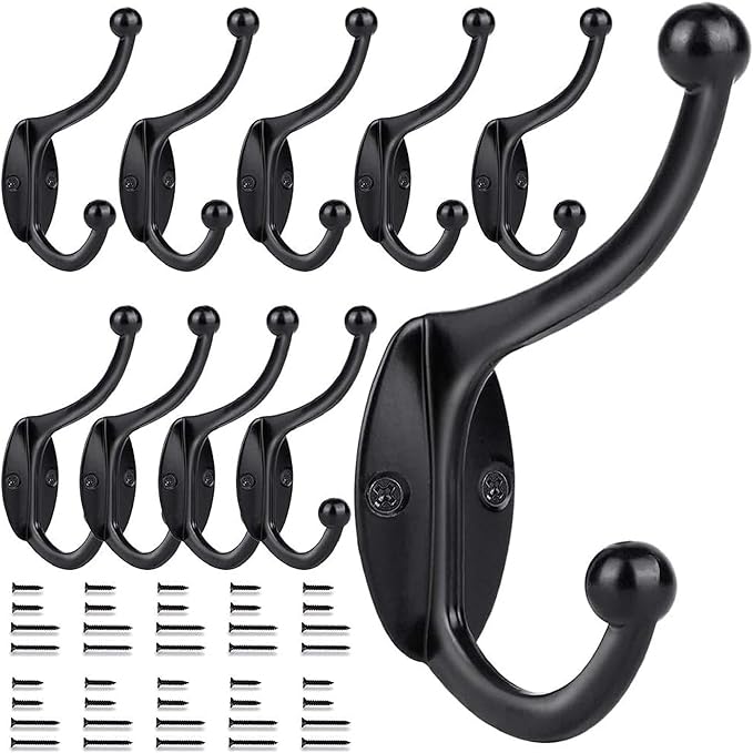 GlazieVault Black Coat Hooks for Wall - Zinc Alloy Coat Racks(10 Pack) - Heavy Duty Coat Hooks Wall Mounted - Premium Design Rust Free Door Hooks for Hanging (Black Hooks P10)