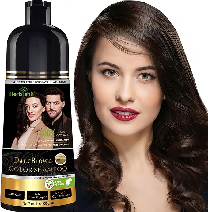 Herbishh Dark Brown Shampoo, Hair Dye Shampoo 3 in 1, 100% Grey Coverage, Hair Color for Men & Women, Long-lasting Color in 20-25 Mins, Ammonia-free, 200 ml