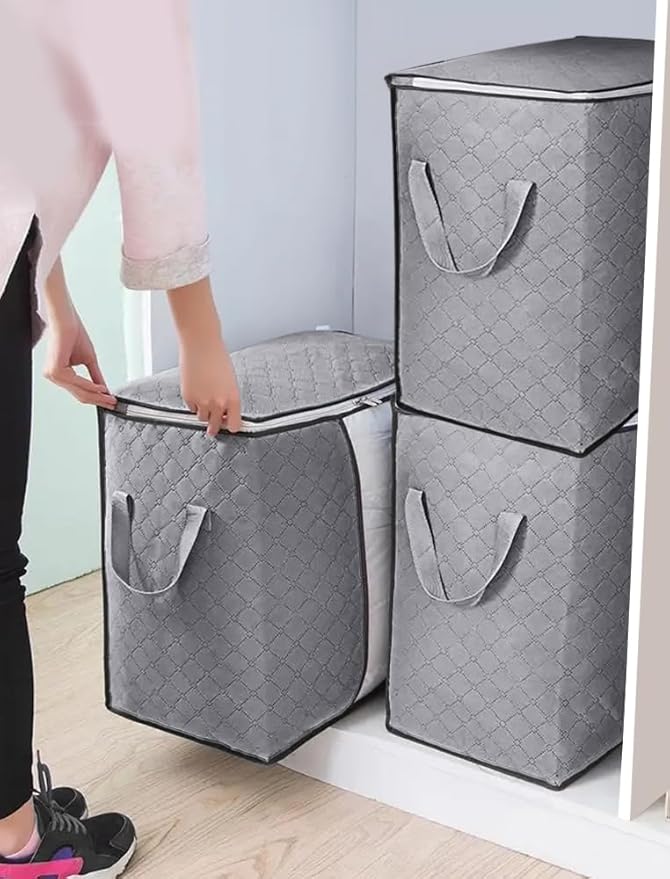 3-Pack Heavy-Duty Storage Bags with Zipper | Waterproof Moving & Travel Storage Organizers | Foldable Reinforced Handles for Clothes, Bedding,Blankets | Space-Saving,Vertical Style,Grey