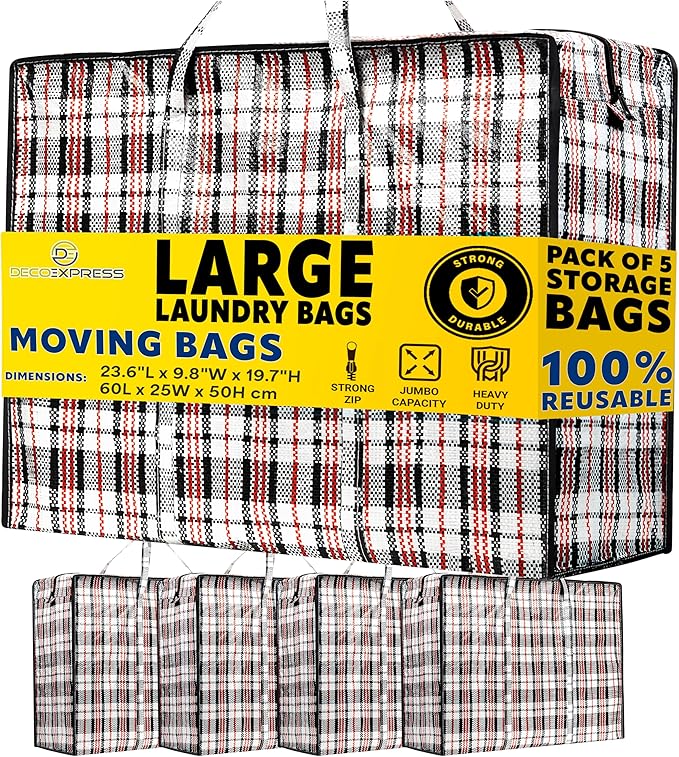 DECO EXPRESS Laundry Bags XL, Pack of 5, 75L Strong, Durable & Reusable Extra Large Storage Bags with Zips, Ideal for Moving, Shopping, Packing, Laundry & Clothes Storage (60 X 50 X 25 CM)