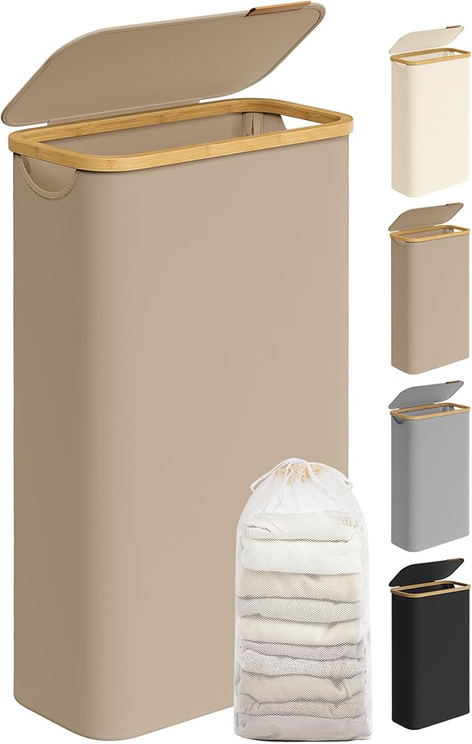 SONGMICS Laundry Basket with Lid, Slim Laundry Hamper, 65 L, Space-Saving, Removable Mesh Liner, Oxford Fabric, Bamboo Handles, Collapsible, 42 x 22.5 x 70.5 cm, Camel Brown LCB506N02