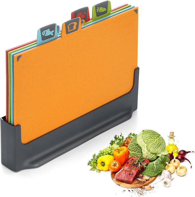 BEWOS 4 Colour Coded Chopping Boards Set, Wheat Straw Cutting Board, Reversible Chopping Board with Stand, Non-Slip Feet Chopping Boards for Kitchens, Juice Grooves & Dishwasher Safe