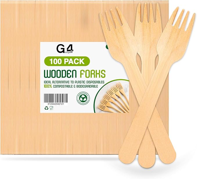 G4GADGET 100x Wooden Forks - Disposable Biodegradable Birch Wood Utensils for Parties, Picnics, Weddings, BBQs, and Events