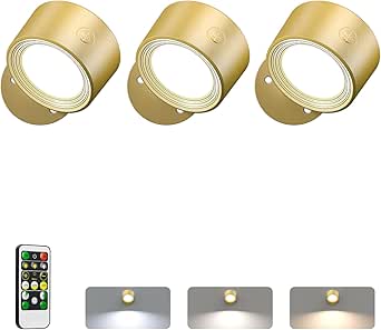 LED Wall Reading Lights with Remote, 3 Pcs Rechargeable Wall Mounted Reading Sconces Lamp 3000mAh, 3 Colors & Dimmable Magnetic 360° Rotation Wall Lighting Spotlights for Bedroom Bedside, Gold[Energy Class G]