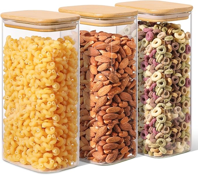 ComSaf 1.7L Rectangle Glass Storage Containers with Lids, Glass Jars with Bamboo Lids, Clear Food Storage Jar, Sugar Coffee Containers, Pantry Storage Container for Pasta Flour Oats Nuts