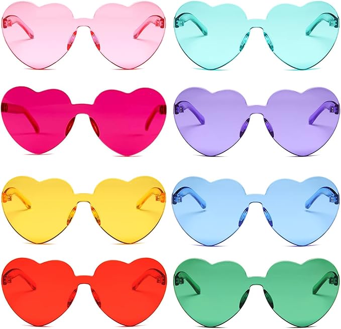 Love Heart Shaped Rimless Sunglasses - 8 Pcs, Adults & Kids Colored Glasses