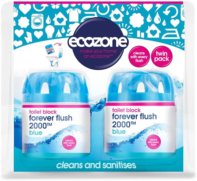 EcoZone Forever Flush 2000 Blue Toilet Blocks, Eco Friendly Alternative to Loo Rim Hangers, Cistern Capsules Clean & Descale WCs, Natural Vegan & Non Toxic Cleaner, Recyclable Plastic (Set of 2)