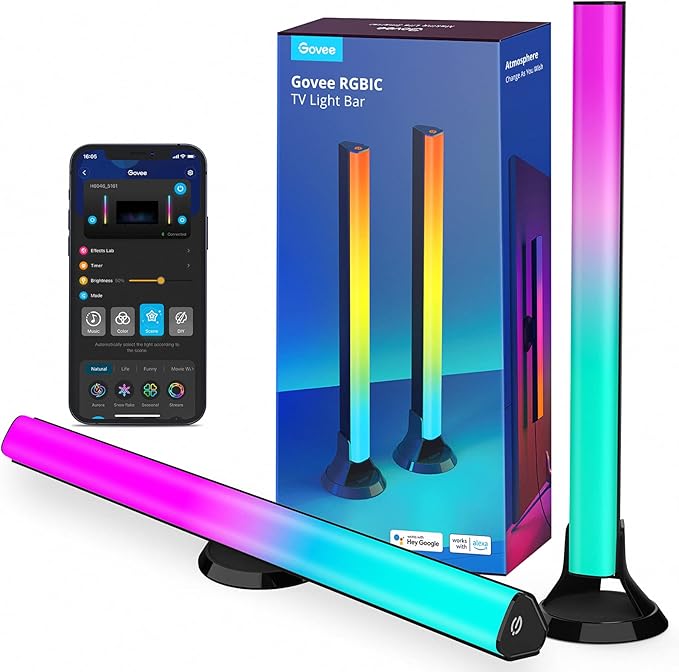 Govee RGBIC TV Light Bars, 38cm WiFi TV Backlight with Double Light Beads, Smart Lighting with Multiple Placement Options Suitable for 45-70inch Television, Work with Alexa and Google Assistant, Black[Energy Class G]