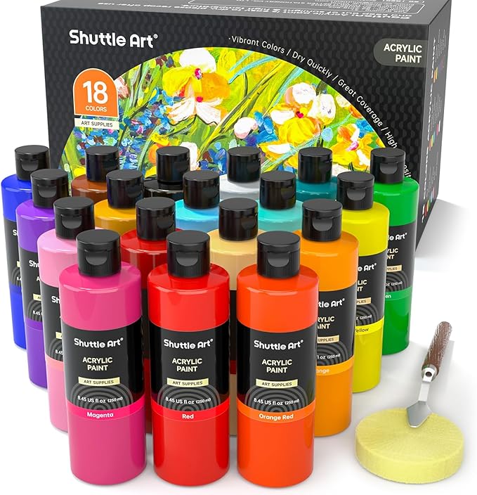 Shuttle Art Acrylic Paint, 18 Colours Acrylic Paint Bottle Set (250ml/8.45oz), Rich Pigmented Paints, Bulk Painting Supplies for Artists, Beginners and Kids on Rocks Crafts Canvas Wood Ceramic