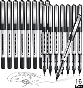 AKARUED Rollerball Pens 16 Pack Black Gel Pens, 0.5mm Liquid Ink Quick-Drying Ballpoint Pens Writing Pens for Bullet Journal, Notebook. School & Office Supplies for Students Adults