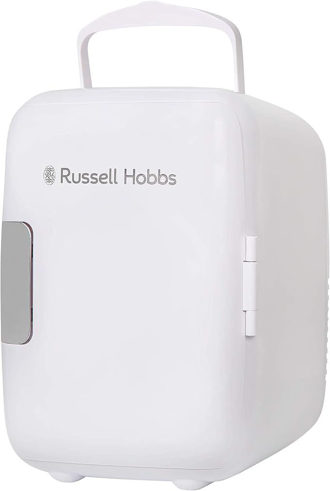 Russell Hobbs RH4CLR1001 4L/6 Can Portable Mini Cooler & Warmer for Drinks, Cosmetics/Makeup/Skincare, AC/DC Power, Retro Style, White, For Bedroom, Home, Caravan, Car[Energy Class A+]