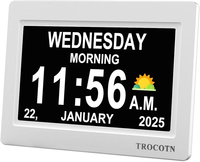 TROCOTN Dementia Clock, Digital Clock with Date and Day for Elderly Use, Large Display with Auto-Dimming for Bedroom and Living Room (7 Inches White)