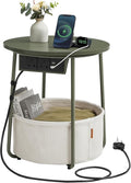 VASAGLE Side Table with Charging Station, Round End Table with Power Outlets, USB Ports, Fabric Basket, Living Room, Bedroom, Bedside Table, Modern, Forest Green and Cream White LET228C06