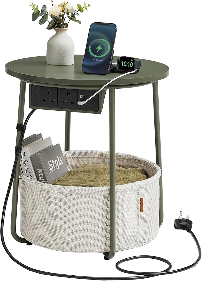 VASAGLE Side Table with Charging Station, Round End Table with Power Outlets, USB Ports, Fabric Basket, Living Room, Bedroom, Bedside Table, Modern, Forest Green and Cream White LET228C06
