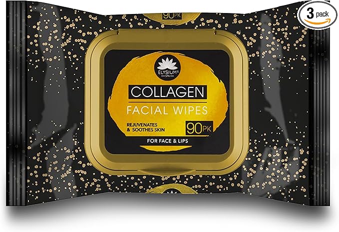 Collagen Infused Facial Wipes, 3Pack Daily Aloe Vera Extract Rejuvenate Soothe Moisturising Skin Wipes for Face and Lips, Removes Makeup & Impurities 90 Count (3 Pack of 30)