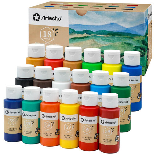 Artecho Acrylic Paint 18 Colors 2 Ounce/59ml, Acrylic Paints Set for Adults, Non Toxic, Waterproof Paint Kit for Canvas, Crafts, Glass, Model, Clay,