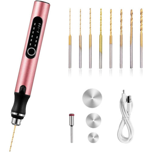 (Pink) 3-Speed Cordless Mini Drill Pen With 8 Small Drill Bits,Rechargeable Electric Hand Drill Pin Vise,Resin Drill Set For Jewelry