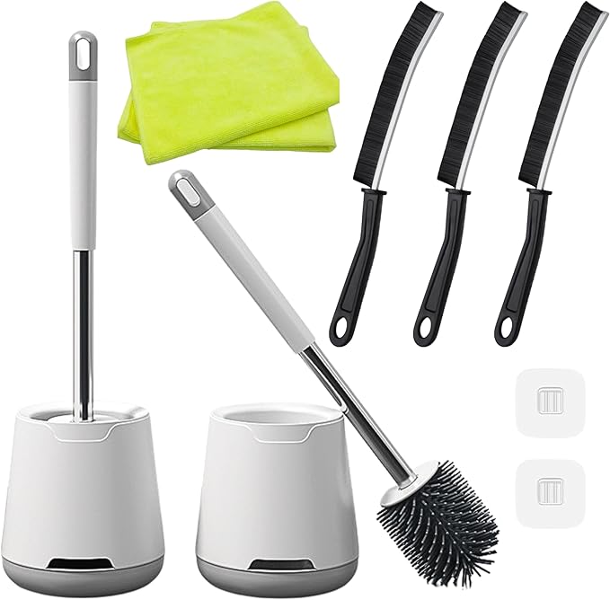 Silicone Toilet Brush Set (2 Pack) – Quick-Dry Holders, Floor or Wall Mounted Bathroom Cleaning Kit with 3 Hard Bristle Crevice Brushes & 2 Cleaning Cloths for Deep Home Cleaning
