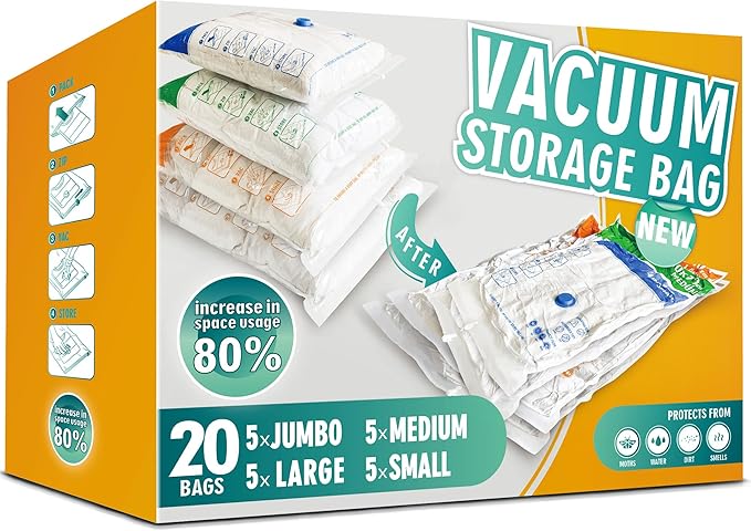 Storage Master Space Saver Bags for Travel and Home Reusable Vacuum Storage Bags Save 80% More Storage Space Work with Vacuum Cleaner (20 Pack, No Hand Pump)
