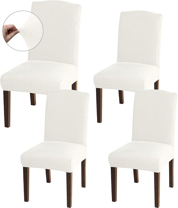 Granbest High Stretch Dining Chair Slipcovers, Universal Fit Jacquard Parson Dining Chair Covers, Removable Chair Protectors for Dining Room, Kitchen, Restaurant and Hotel (Set of 4, Ivory)