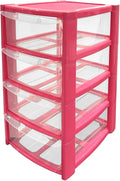 Mini 4 Drawer Plastic Storage Tower - Compact Desktop Organiser with Clear Drawers for Makeup, Toiletries, Stationery - Lightweight & Durable Storage Tower - Pink, Blue or Black, 40x26x19cm (Pink)