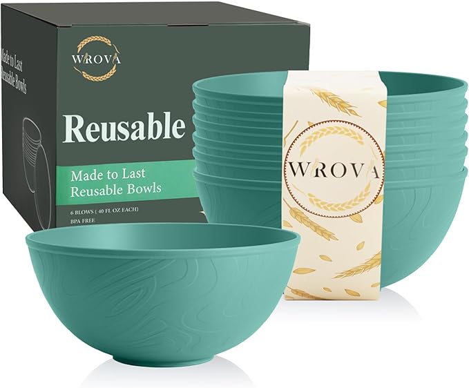 Wrova Large Deep Bowls Set of 6-40 oz Salad Bowl for Kitchen, Plastic Bowls Reusable Microwave and Dishwasher Safe Serving Bowl for Salad, Soup, Ramen - GreenColors