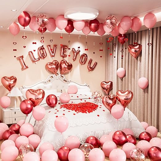 Pink Valentines Decorations - Metallic Red and Baby Pink Latex Confetti Balloon, I Love You and Heart Balloons with Rose Petals Heart Hanging String for Romantic Valentines Party Supplies